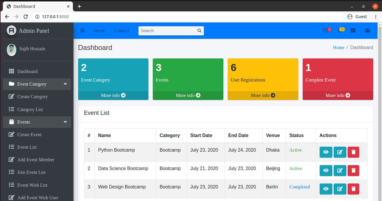 Screenshot of Event Management System